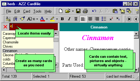 Rolodex kann Text, Abbildungen, Nachrichten enthalten
